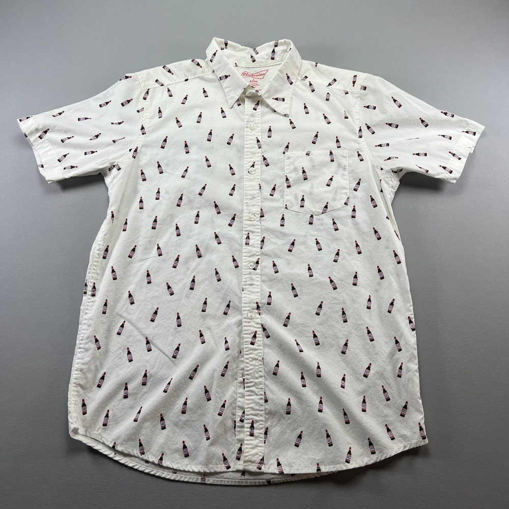 Budweiser Shirt Mens L 42-44 White All Over Beer Bottle Print Cotton Button Up